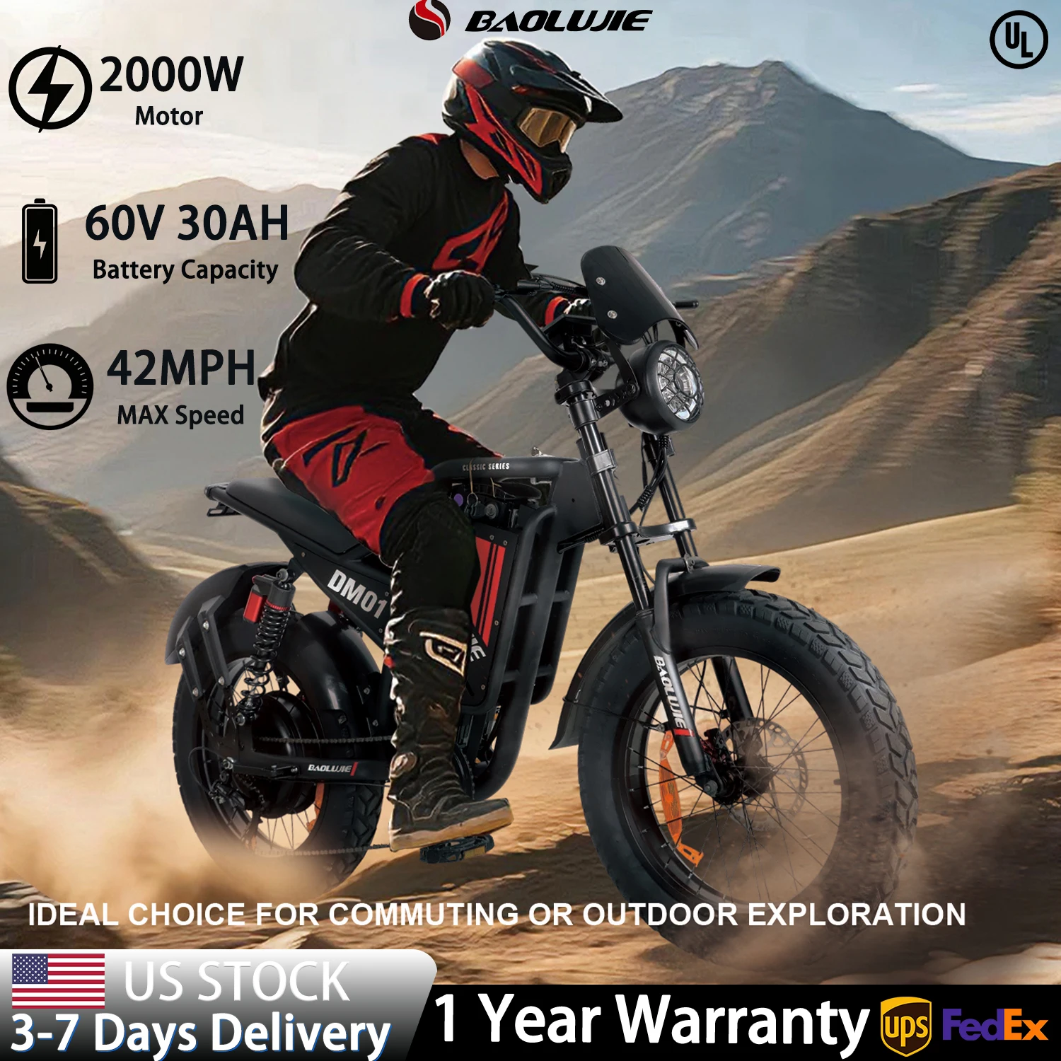 

BAOLUJIE DM01 Moto Adults Electric Bicycle 2000W Motor 60V 30AH E bike Mountain Bike 42MPH Electric Dirt Bike【1 Year Warranty】