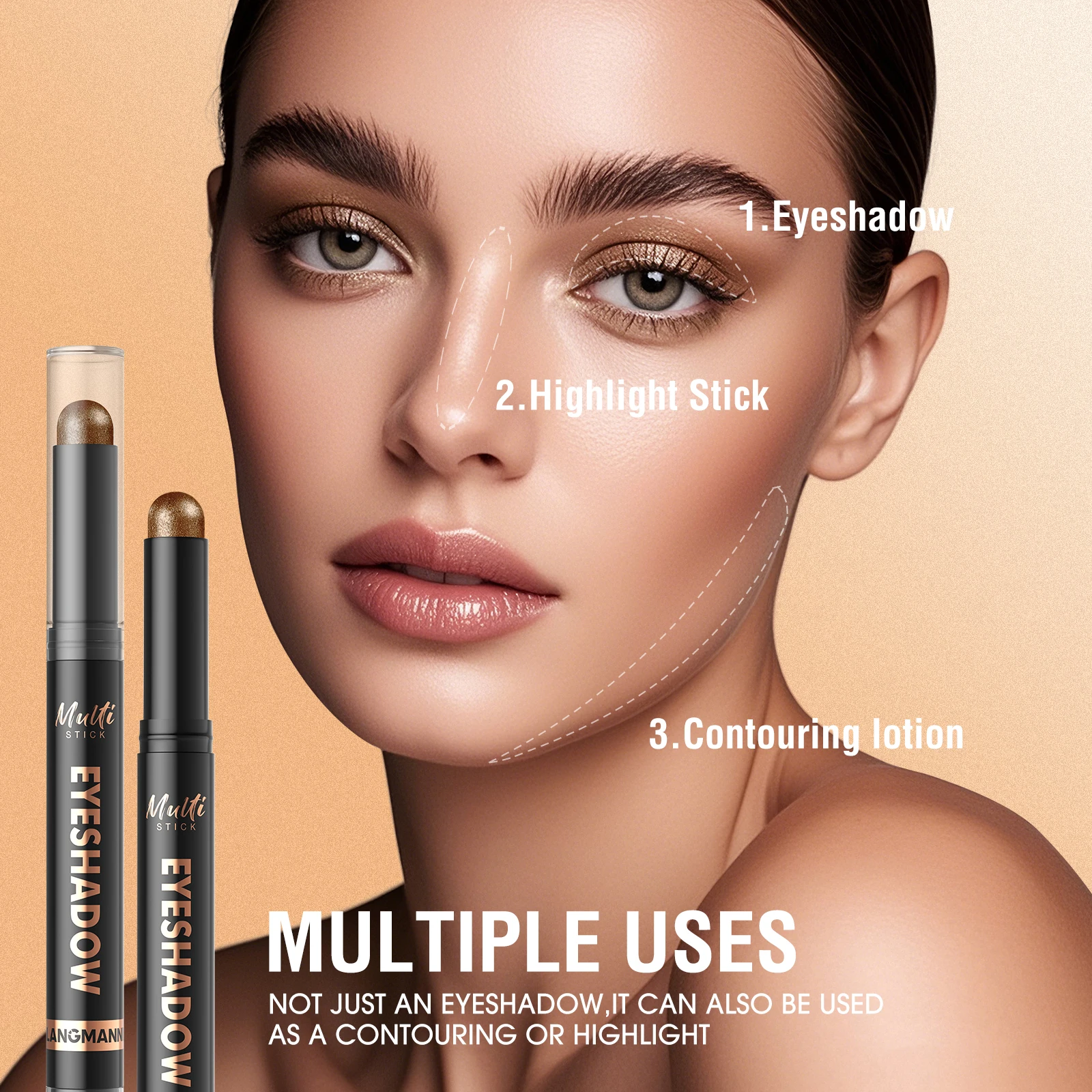 Multi functional double head eye shadow stick, shiny, easy to apply, smooth, lasting, natural makeup effect