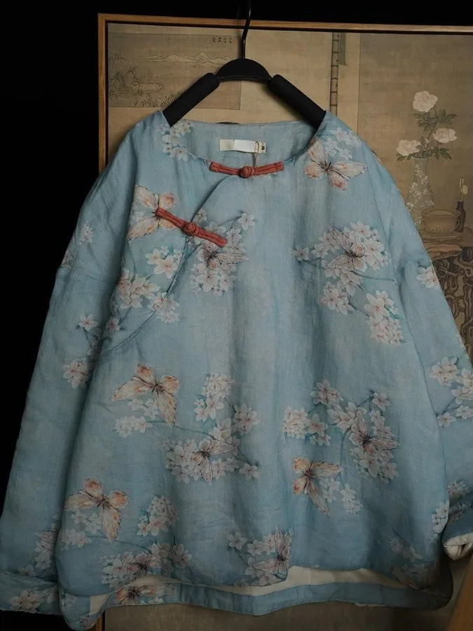 

Winter New Sle Artistic Cotton Linen Print Side Button ort Coat Ladylike Straight Cut Long Sve Thiened round Ne Ja...