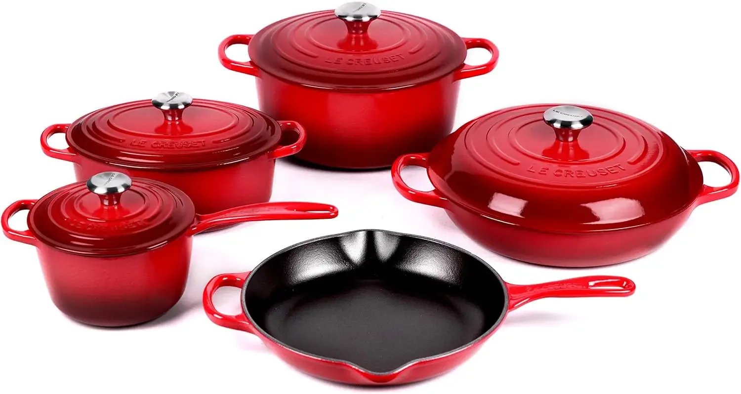 Signature Cast Iron Cookware Set 9 Piece (Cerise) Enamelled Cast Iron Cookware Provides Even Heat Enhanced Handle Is 45% Larger