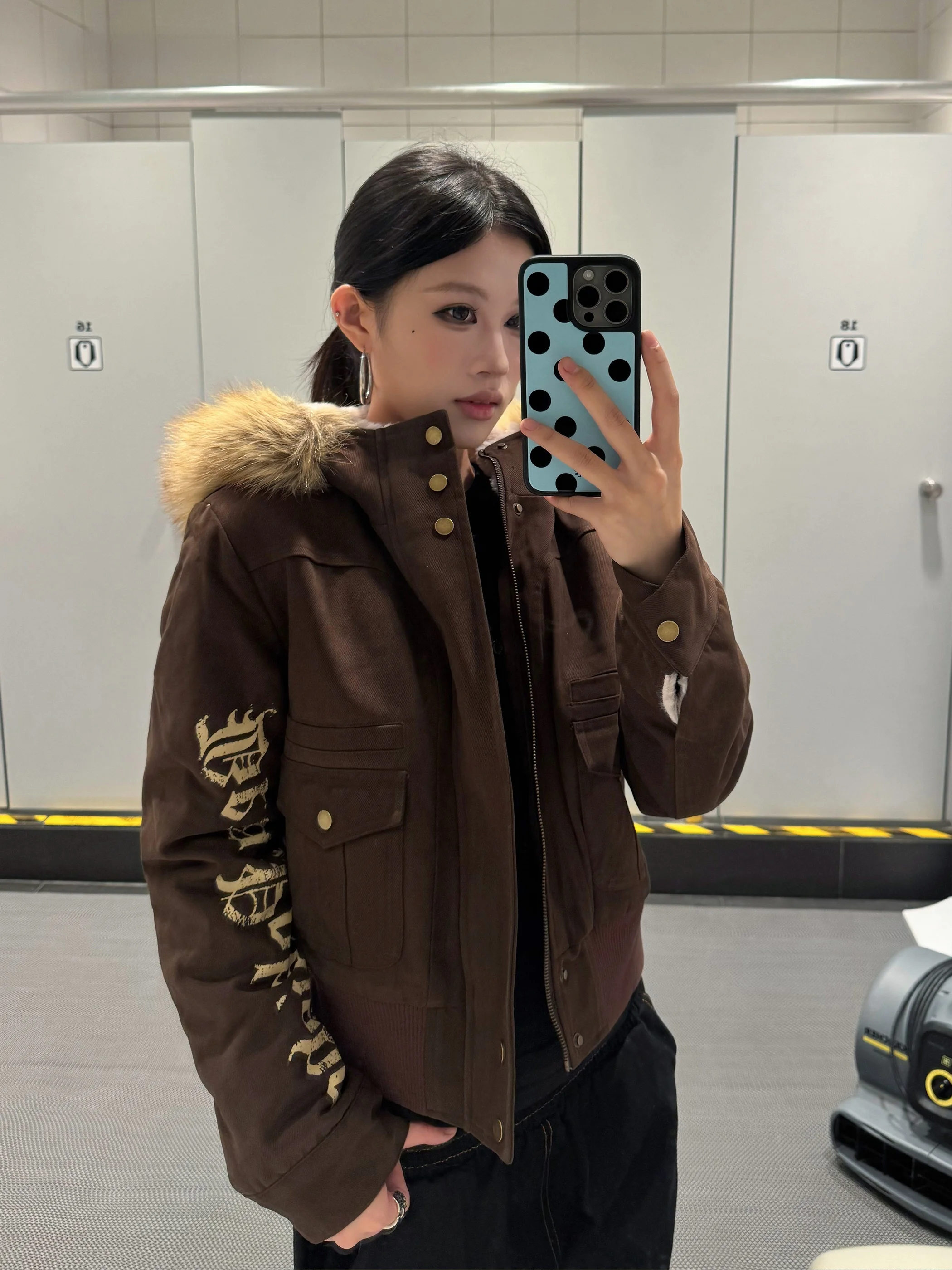 

Vinmuk American Retro Fce Lined Hooded Jaet Women's Autumn Winter Gothic Sle Letter Print Workwear Coat Warm Casual Sle