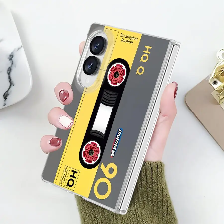 Transparent Phone Cover Case for Samsung Galaxy Z Fold 8 ZFold 8 PC Hard Luxury ZFold8 Yellow Cassette Tape