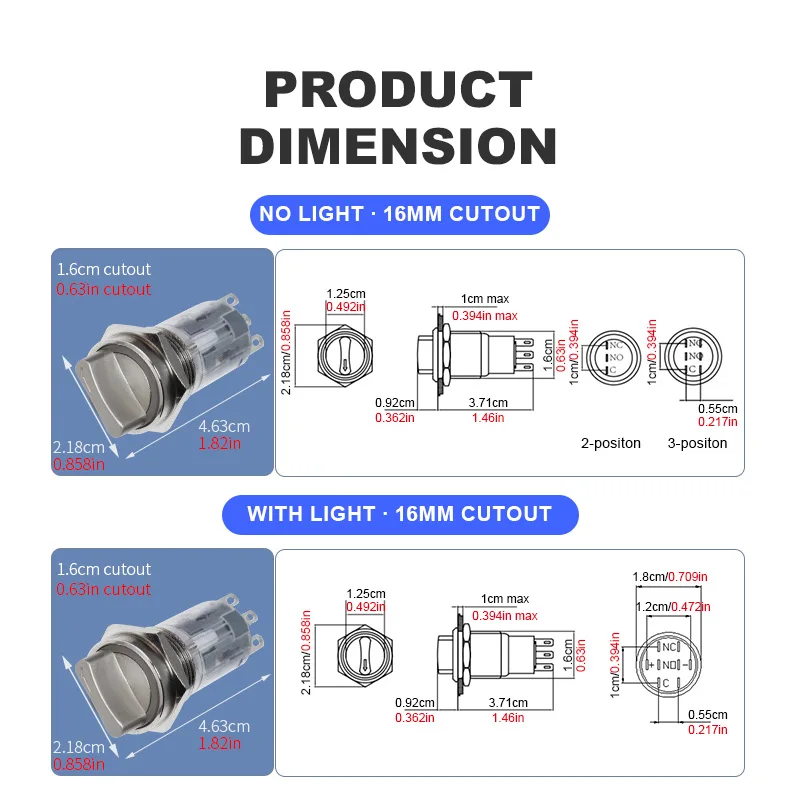16mm Metal Rotary Selector Switch Knob 2/3 Position Momentary Latching Waterproof Rotary Switch with LED Light 3V 6V 12V 24V