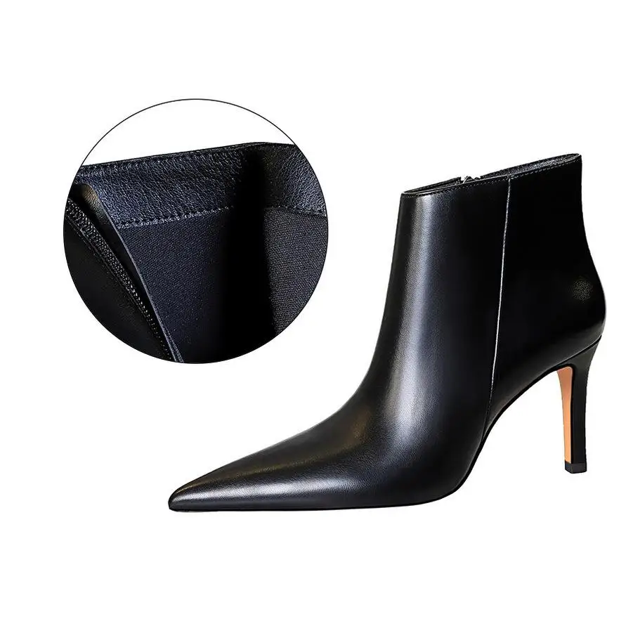 34-40 Fashion Sexy Winter Side Zipper High Heel Pointed Black Ankle Boots For Women Short Boot