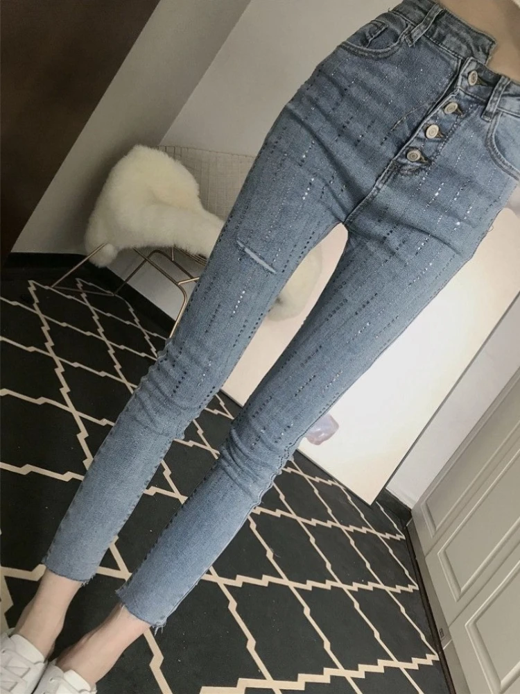 

Women's Fashion Jeans Spring New High Waist Ripped Stretchy Skinny Pants Button Fly Asymmetric Hem Rhinestone Decor Slim Fit