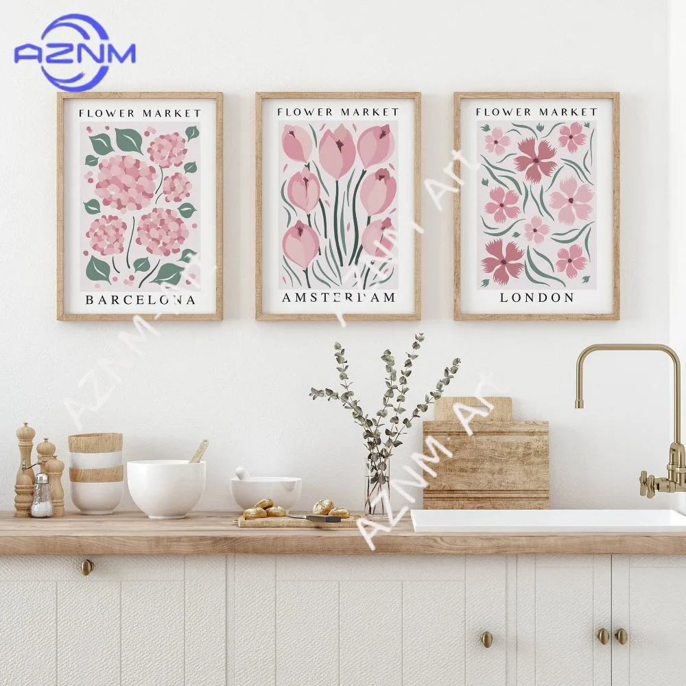 1 unidad/3 unidades, rosa, fresco y ligero, estilo acuarela, mercado de flores, sala de estar, dormitorio, póster, lienzo, pintura decorativa