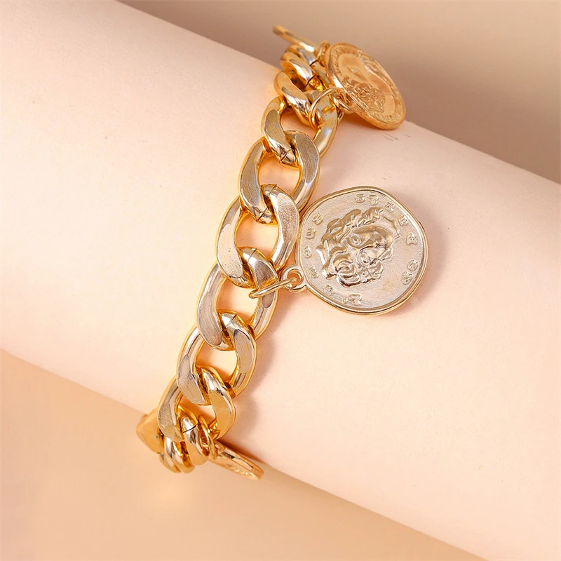 Punk Runde Münze Anhänger Armband für Frauen Männer Gold Farbe Zink-legierung Armband Mädchen Party Festival Geschenke DIY Schmuck Decora – Detail 4