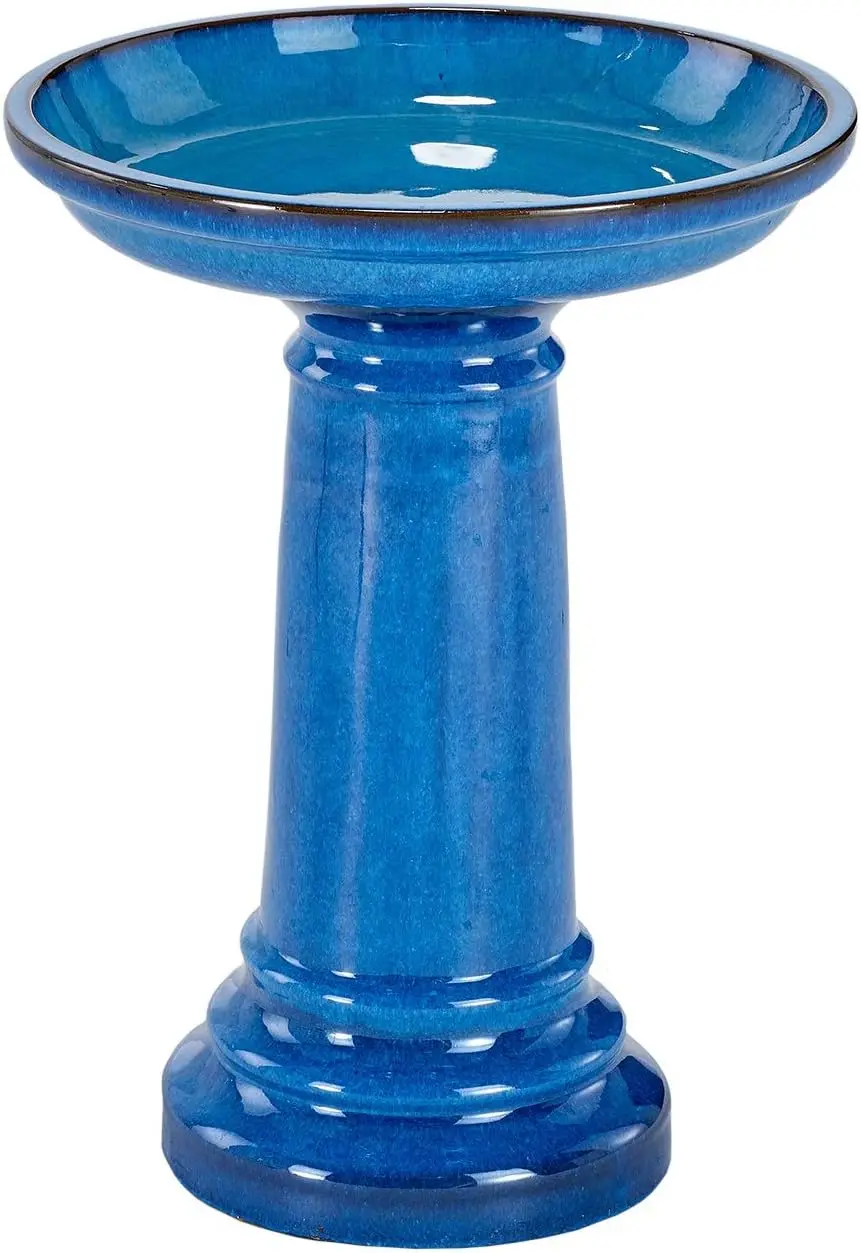 Bird Bath Ceramic Pedestal Stand All Season Blue