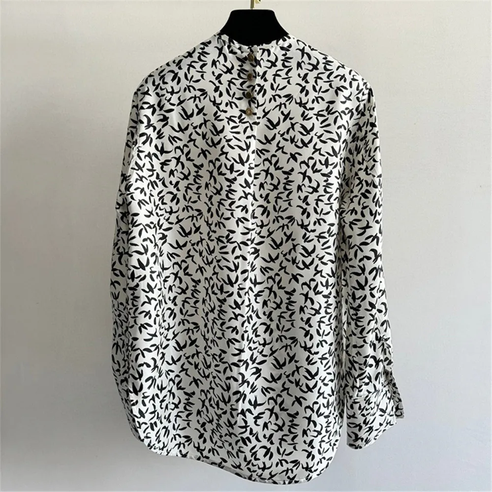 25 Spring Autumn Women's Shirts Black And White Printed Pattern Silk Long-Sleeved Shirt