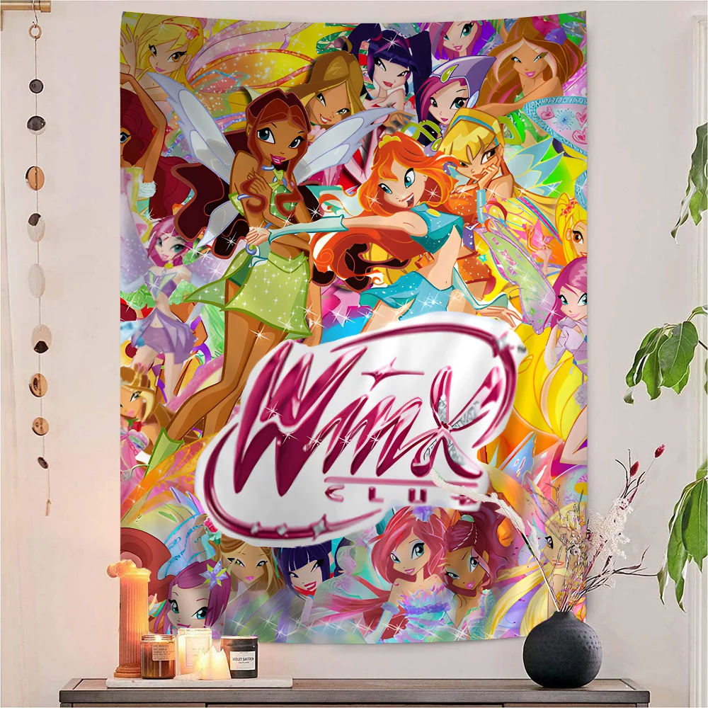 Girl-W-Winx Catoon Clubs Anime Tapestry Hippie Flower Wall Carpets Dorm Decor Wall Hanging Home Decor