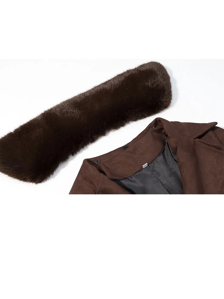 

HH Новое женское искусственное меховое пальто с лацканами и длинными рукавами на пуговицах, асимметричное кружевное украшение, свободное замшевое короткое пальто