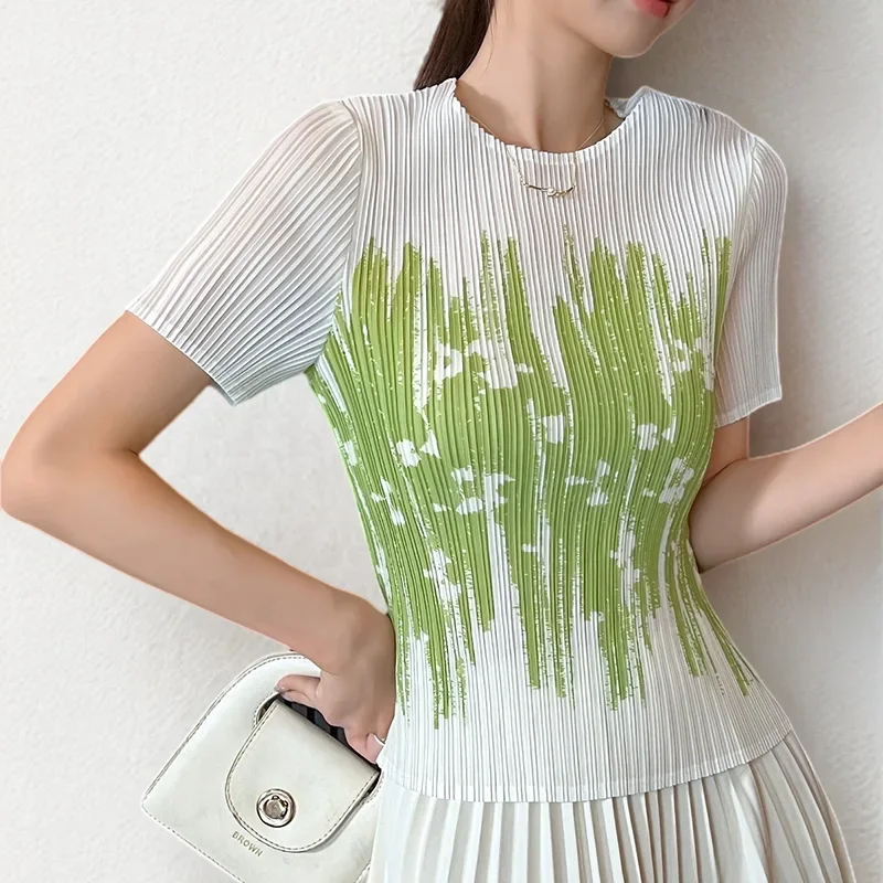 high-end women\'s clothing summer new round neck printed commuting simple  short sleeved T-shirt  crop top women