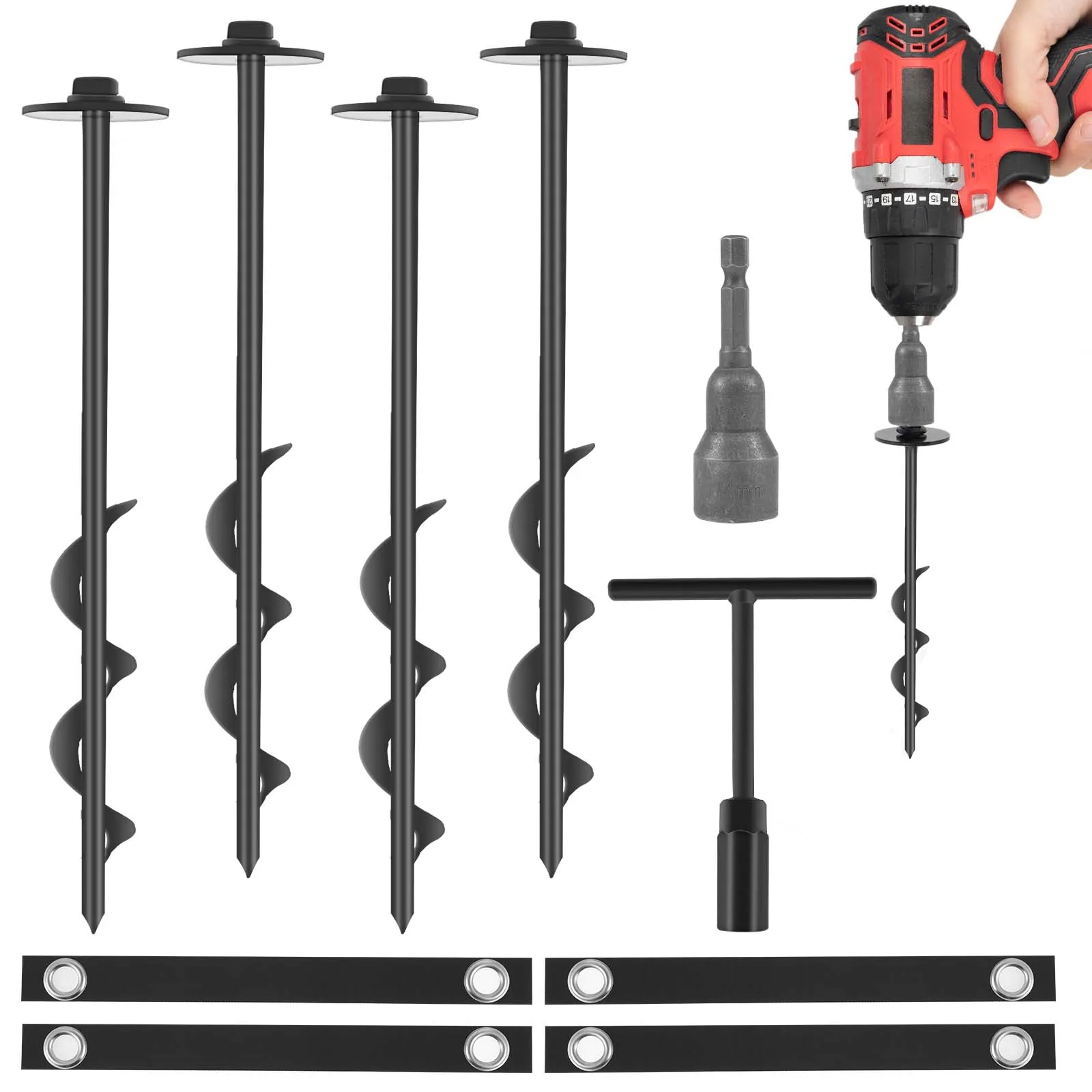 

4Pcs Trampoline Anchors Set 11.8inch Heavy Duty Ground Anchors with Straps Wind Resistant Trampoline Stakes Manual/Drill