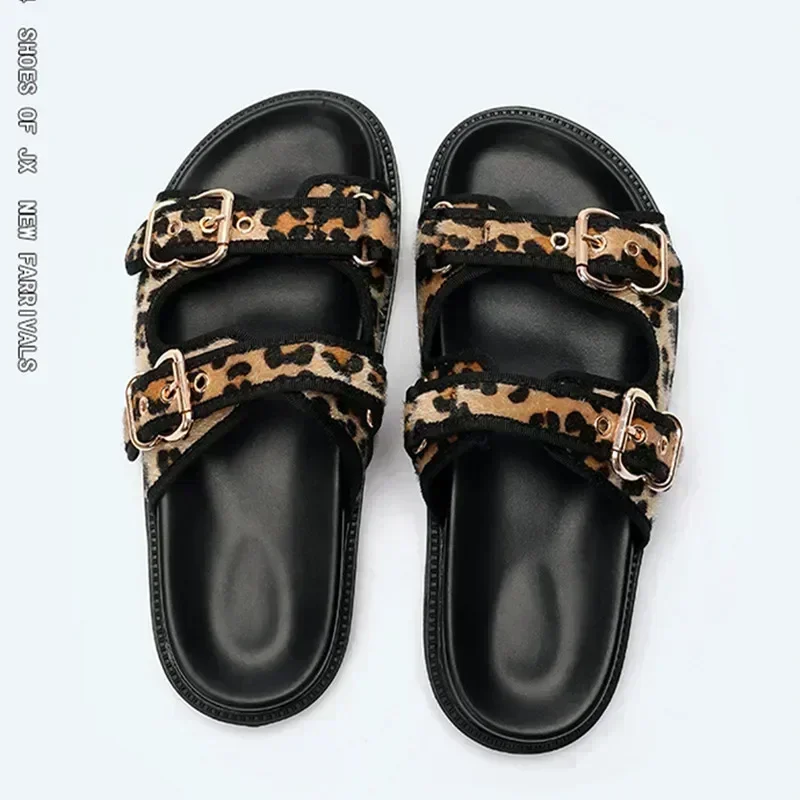 Leopard Metal Buckle Design Women Slippers Sexy Comfort Non Slip Slide Sandals Summer Size 43 High Quality Platform Flip Flops