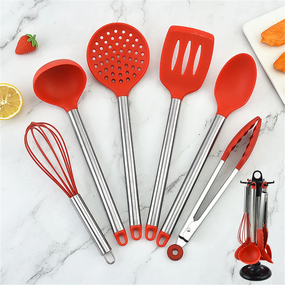 6-Piece Set Of Silicone With Handle, Non Stick Pot, Cooking, High-Temperature Resistant Spoon, Leaking Spatula