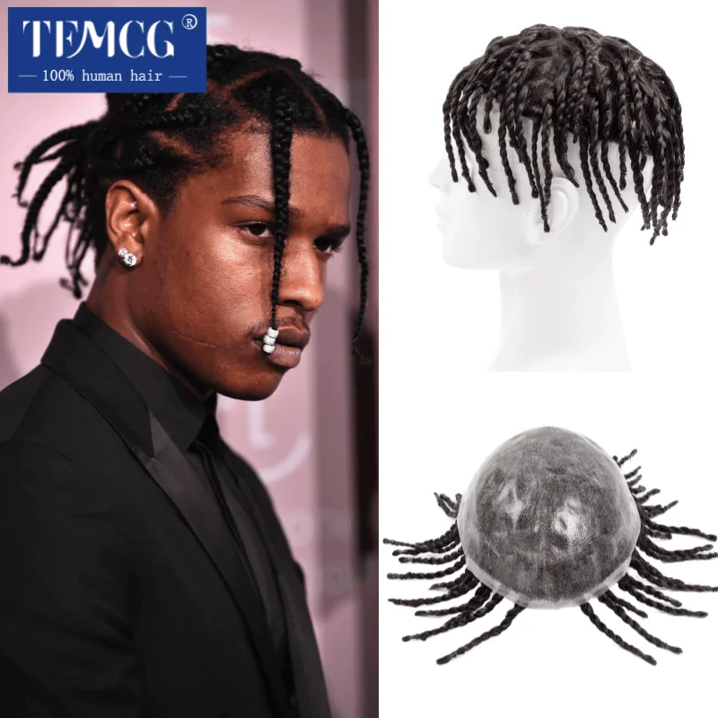 

Men's capillary prothesis 6" Twist Crochet Braids Durable Double Knot PU Afro Toupee for Black Men Wigs For Men 100% Human Hair