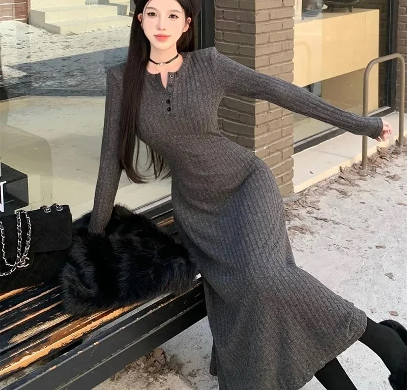 أنيقة ضئيلة عالية الخصر فساتين متماسكة النساء الخريف الشتاء طويلة الأكمام سميكة الدافئة فستان طويل خمر الشارع الشهير Vestidos #6
