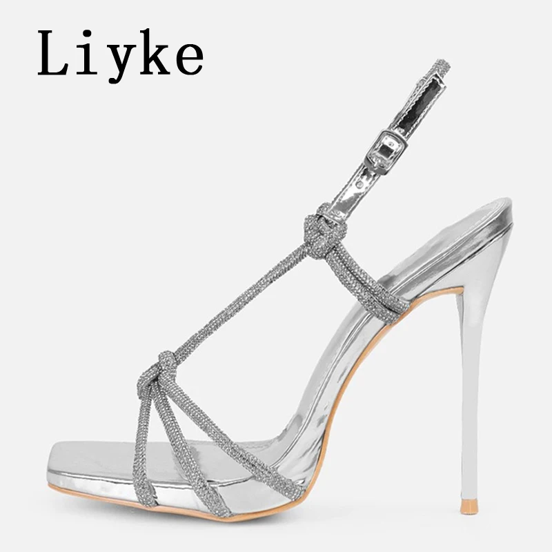 Liyke Sexy Golden Crystal Back Buckle Strap Sandals Women Summer Party Nightclub Stripper Heels Glitter Rhinestones Ladies Shoes