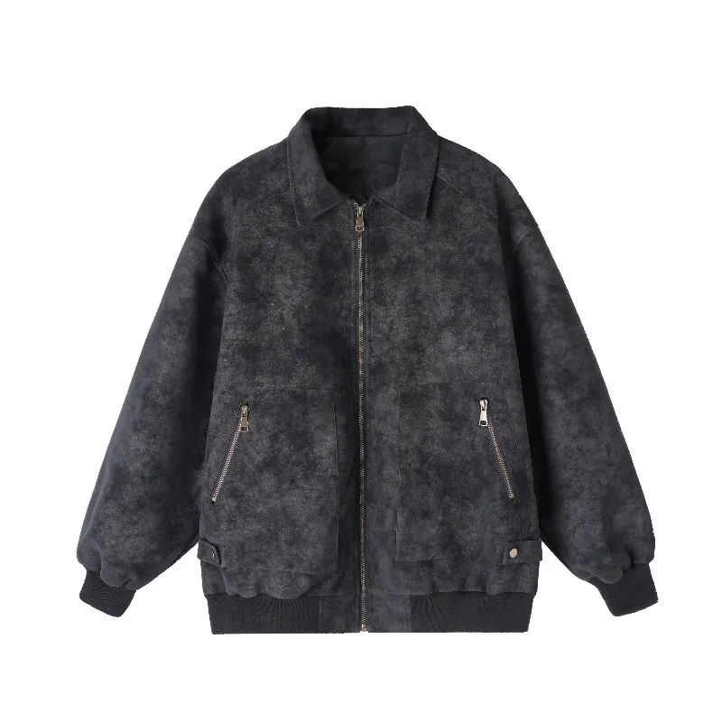 Men's American Retro Collar Suede Leather Jacket Oversized Casual 2025 Winter Faux Leather Coat Vintage Windproof Outerwear