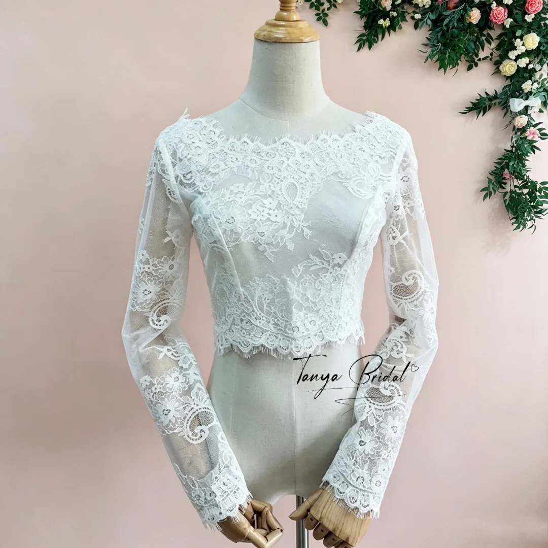 Lace Wedding Dress Jacket Shawl Long Sleeve round Neck Blero Small Top for Brides V Back with Buttons Bridal Outerwear