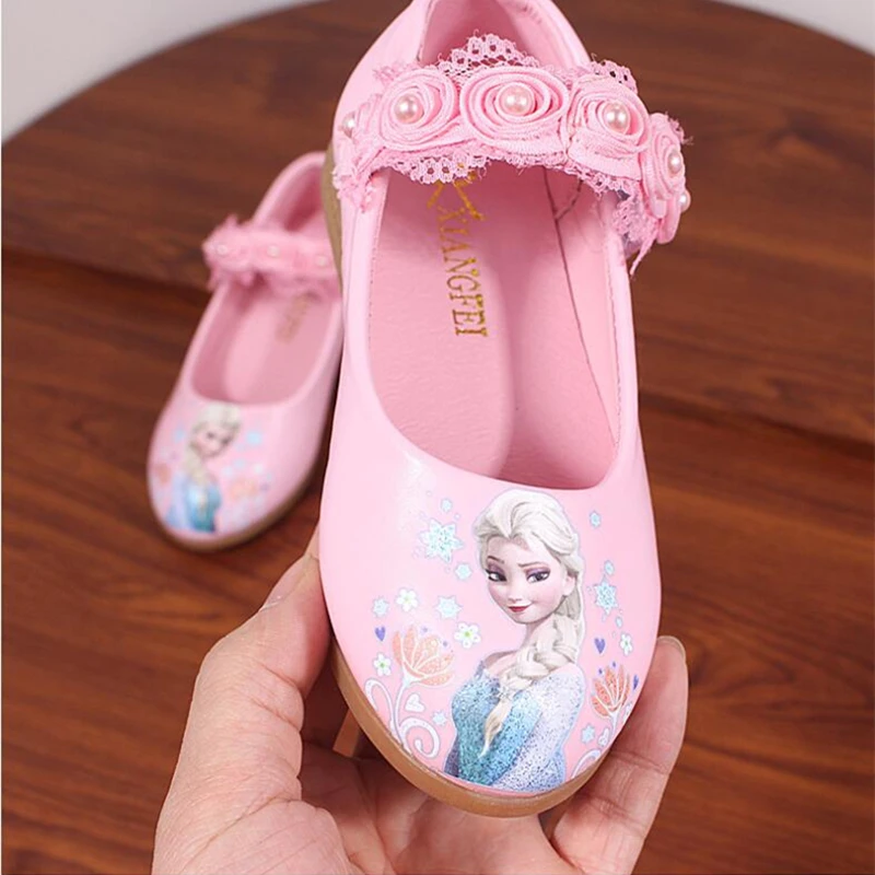 Disney New Kids Elsa Casual Shoes girls Frozen Princess Pink Soft Shoes Children\'s Cartoon pearl Leather Shoes Size 26-35