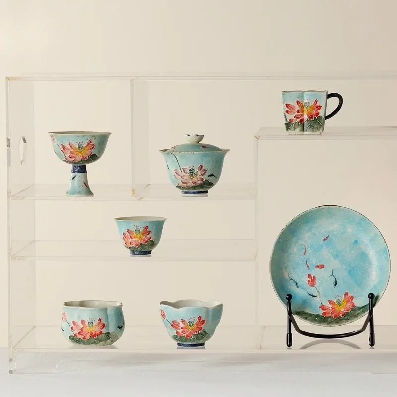 Antique Hand-painted Youtian Braised Lanting Pink Lotus Household Tea Set Collection Kung Fu TeaSet Cover Bowl Master Cup Teacup