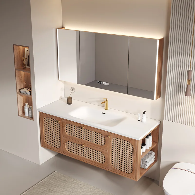 NEW NEWNEW 2New Chinese Bathroom Cabinet Combination Rattan Solid Wood Ceramic Integrated Basin Powder Room Washbasin Cabinet Ba