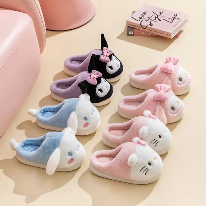 Sanrio Hello Kitty Sweet and Cute Home Warm Women's Shoes Kulomi Cartoon Bow Splicing Plush Platform Cotton Slippers