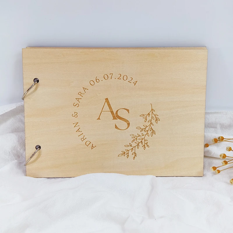 Custom Name And Date Wedding Guest Book, Simple Elegant Wedding Reception Book,Rustic Floral Wooden Guestbook,Sign-in Book