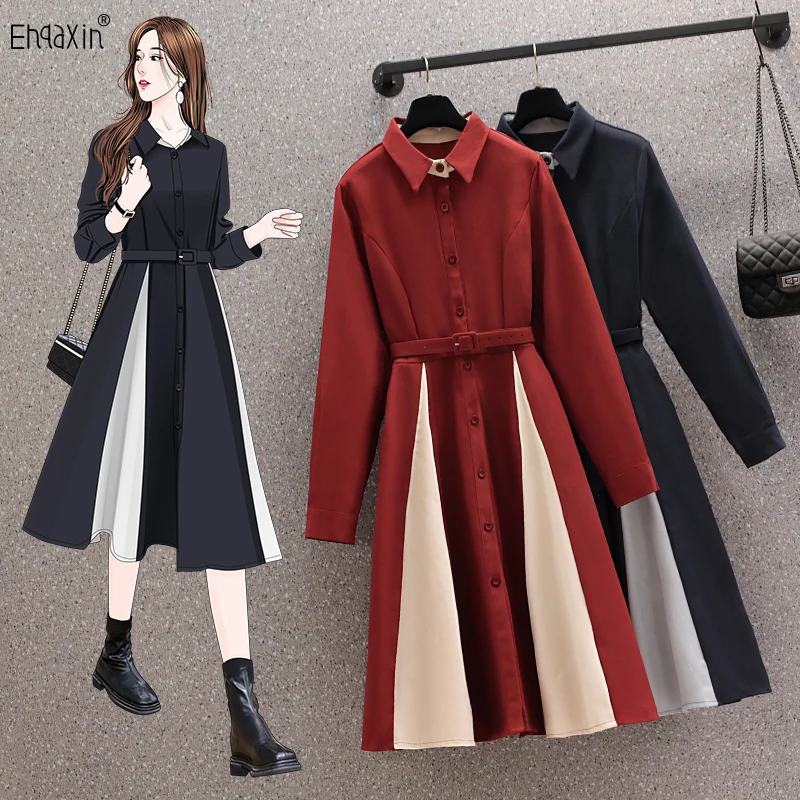 

EHQAXIN Women's Dresses Autumn Winter 2022 New French Contrast Splicing Dress Loose Cardigan Button Long Dresses With Belt M-4XL