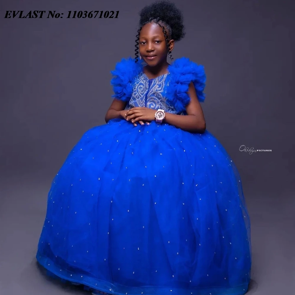 

EVLAST Customized Royal Blue Flower Girl Dress Weddings Shiny Crystal Beaded Ruffles Tiered Girls Pageant Communion Gown FD90