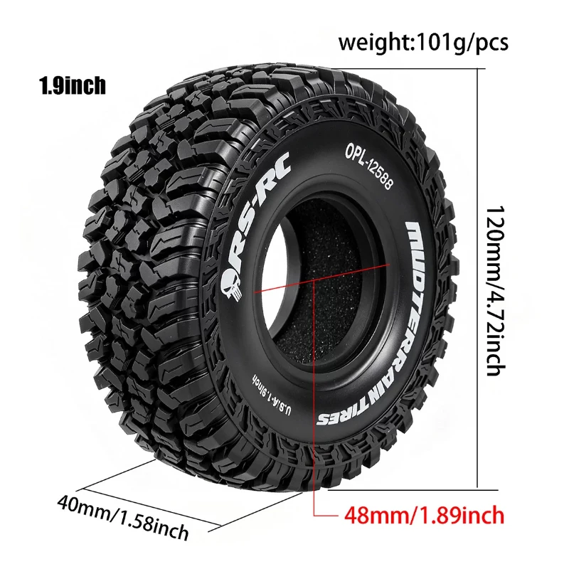 4pcs 1.9 Inch Rubber Tyre For 1/10 Rc Crawler Car Trax Trx4 Axial Scx10 Wraith Scx10 Yikong Rgt Wrangler 1.9 Wheel