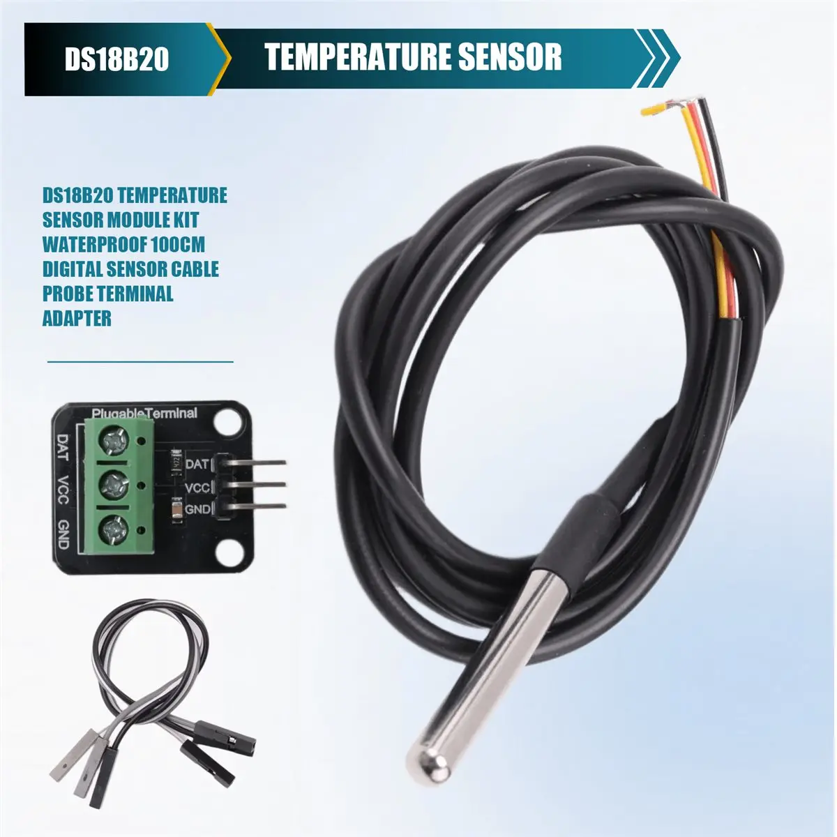 (PQWN) DS18B20 Temperature Sensor Module Kit Waterproof 100CM Digital Sensor Cable Probe Terminal Adapter for Arduino