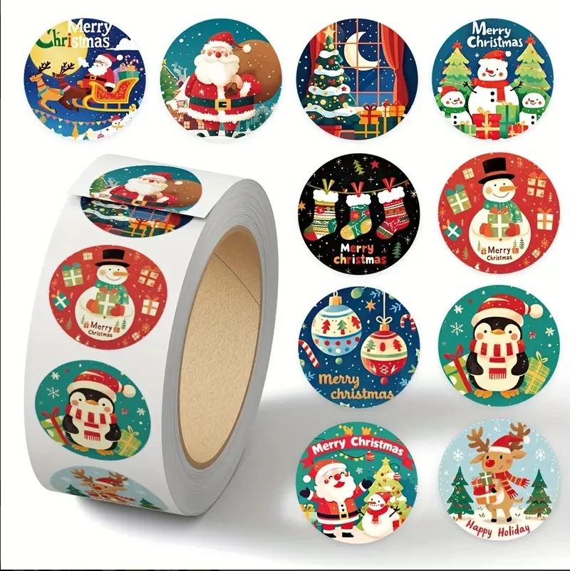 1 Roll/500 Sheets Christmas Roll Stickers for Laptop Handbook Notebook Envelope Water Bottle Decorative Stickers Christmas Gift