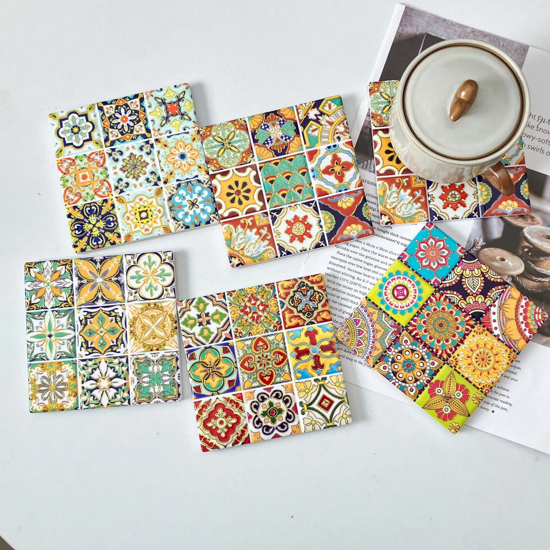 

3D Embossed Square Coaster with Gold Foiling Soft Cork Back Non-Slip Heat Resistant Retro Coffee Cup Mat