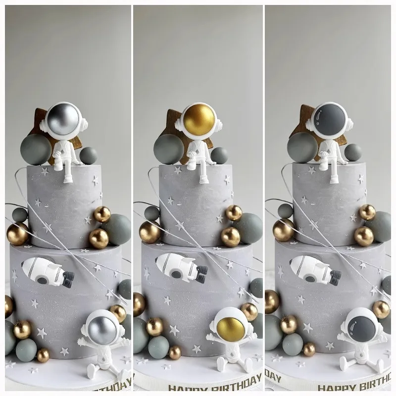 Astronauts Cake Topper Gold Spaceman, Gray Rockets, Spaceship, Balls Cake Decorations for Kids Happy 1st Birthday Party Supplies