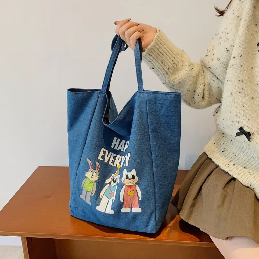 

Cartoon Animal Double-sided Tote Bag Large Capacity Shoulder Pouch Denim Blue Handbag Soft Polyester Women Canvas Bag Spring