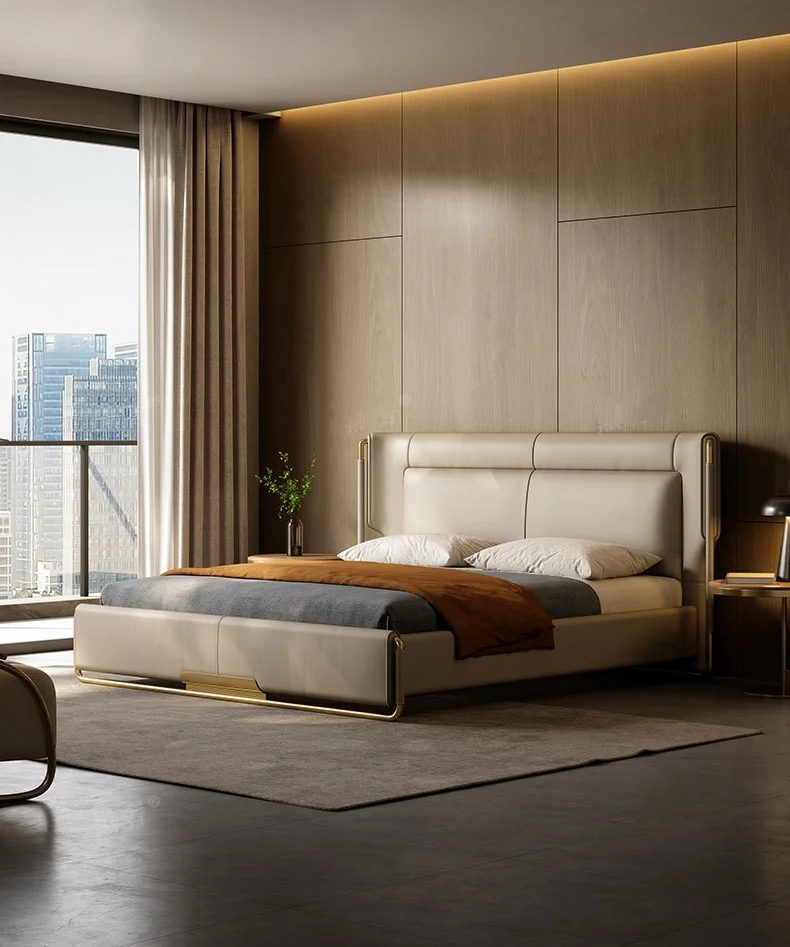 

！@Modern Luxury Hotel Bed King-Size Leather Soft Backrest with Revolving Feature Comfortable Wooden Frame Villa Bedroom Furnitur