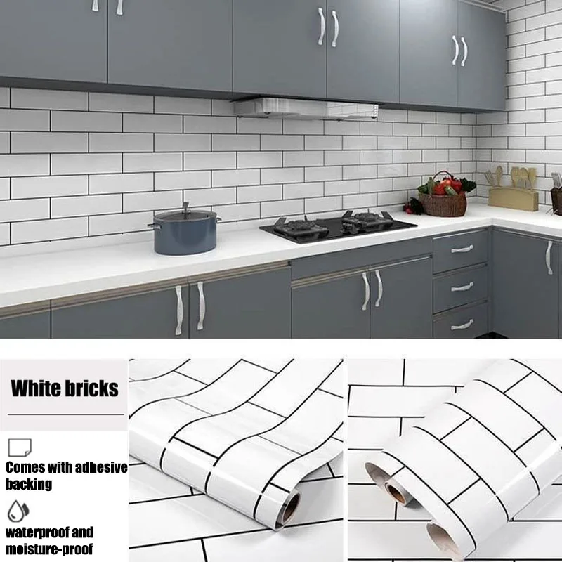 Kitchen Cabinets Wallpaper High Temperature Resistance Adhesive Wall Wallpaper Waterproof and Oil Resistant White Brick 40cm