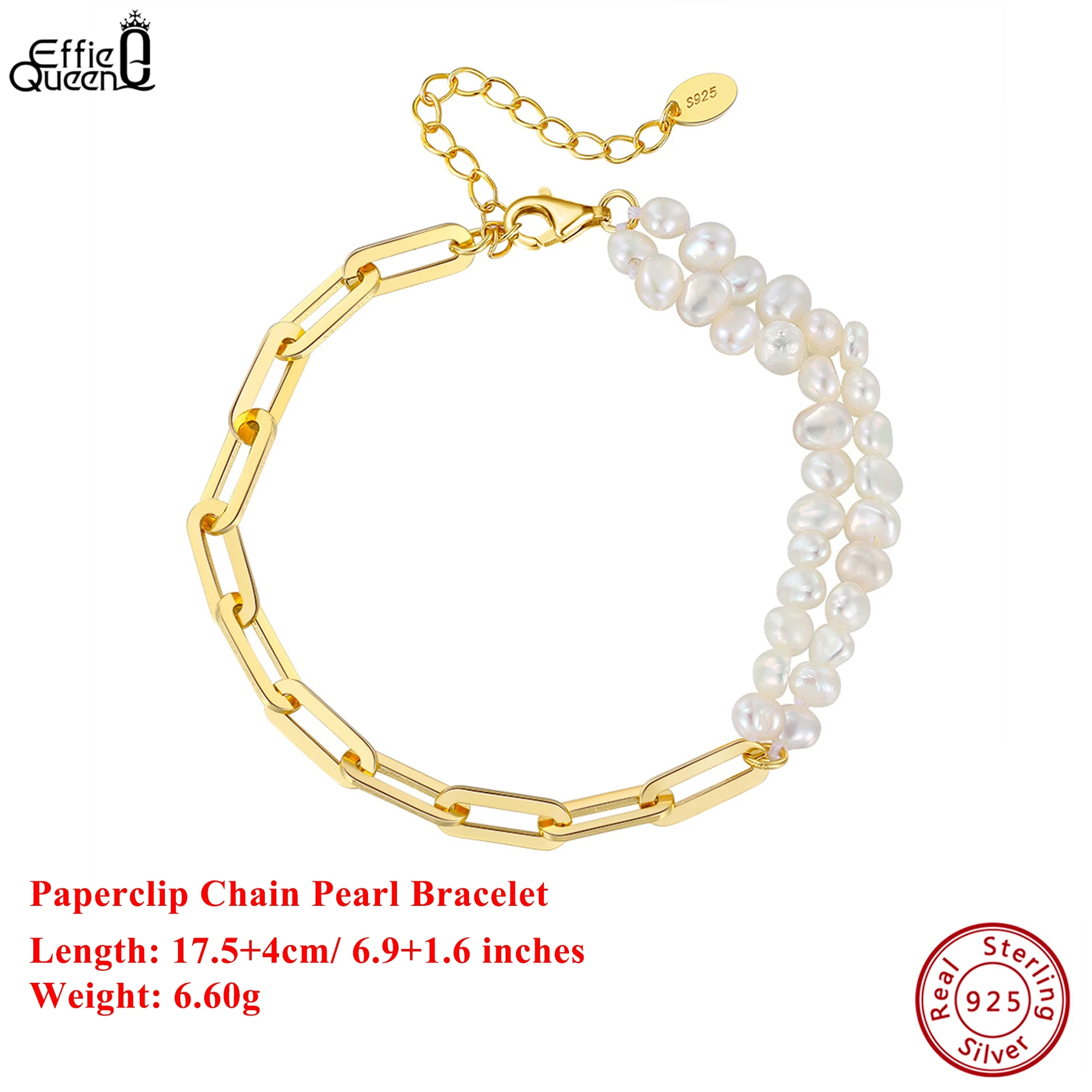 

EFFIE QUEEN, стерлинговое серебро 925 пробы, золото 14 карат, браслет-цепочка с жемчугом в стиле барокко, пляжные украшения для женщин, банкет, вечеринка, день рождения GPB04