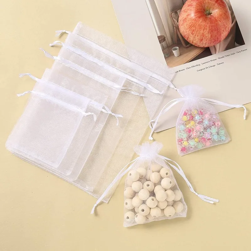 25/50 SZTUK Drawable Party Supply Wedding Christmas Favor White Pouches Organza Gauze Sachet Gift Bags Drawstring Bags Pocket