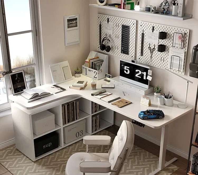

Solid wood white corner lift desk L-shaped electric computer desk