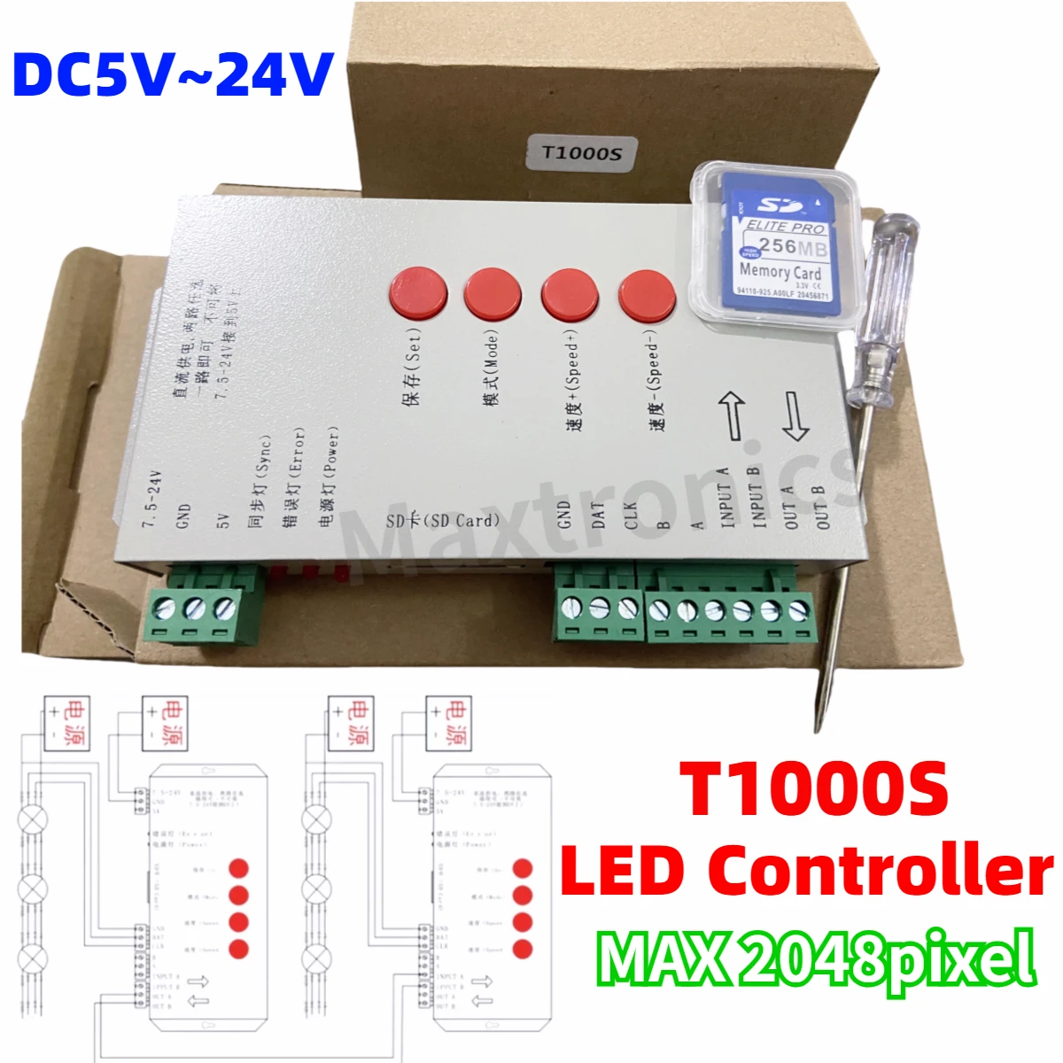 

DC5V ~ 24V T1000S SD-карта RGB светодиодный контроллер Макс. 2048 пикселей для WS2815 LPD6803 SK6812IC WS2812B WS2811 Светодиодный модуль светодиодной ленты