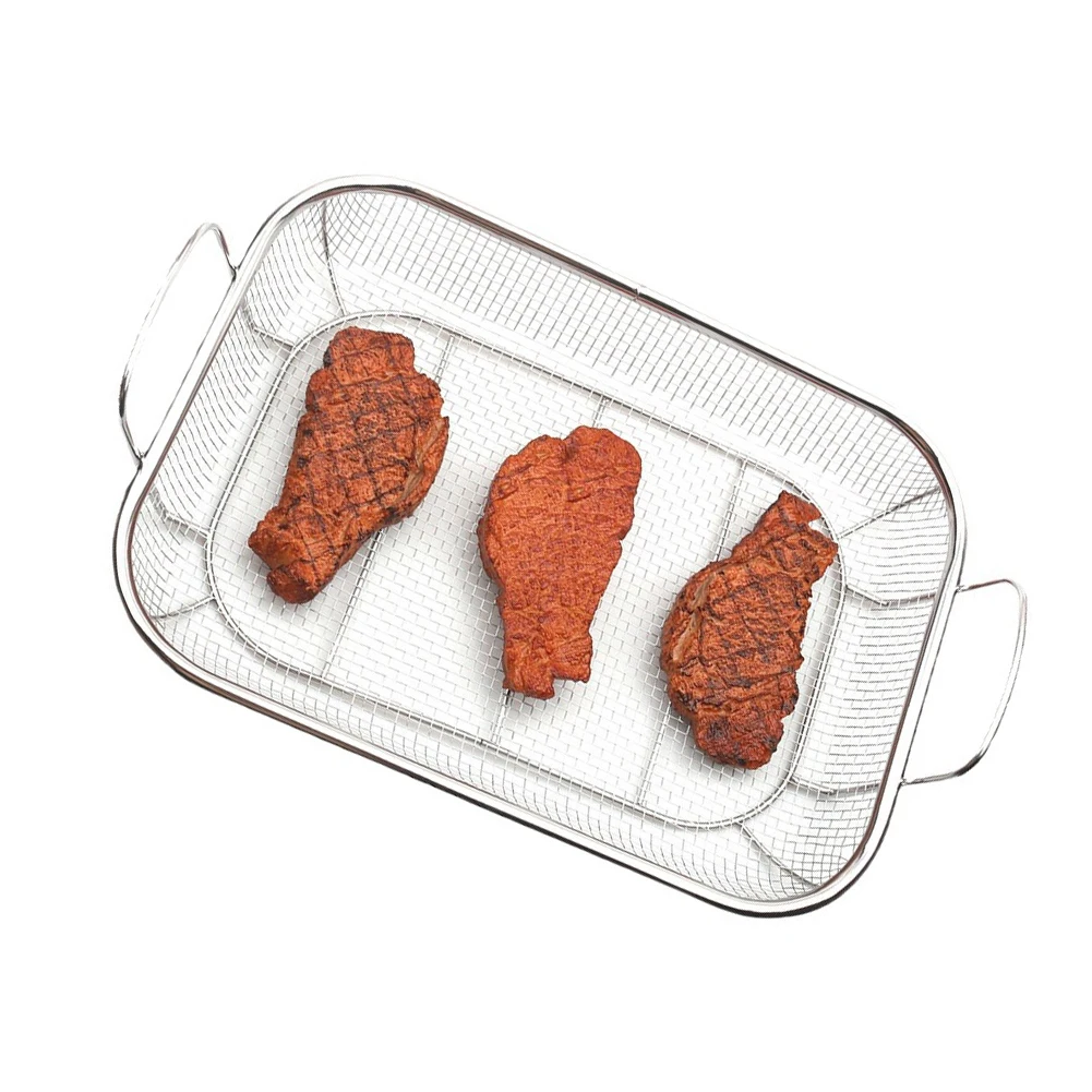 Double Handle BBQ Drain Basket with Hanging Hook Stainless Steel Build for Efficient Liquid and Oil Removal in Kitchen