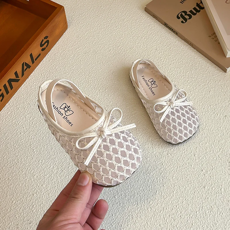 Kids Princess Sandals Simple Bows Girls Mesh Shoes Round Toes Soft 2026 Summer New Children Flat Shoes Versatile Soild Color