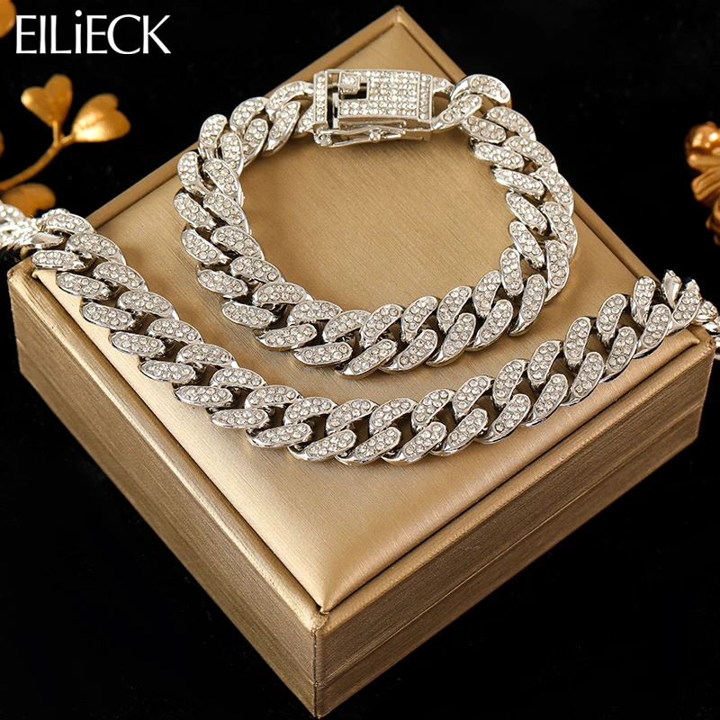 EILIECK Silver Color Thick Cuban Necklace Bracelet Set For Women New Punk Zircon Chain Waterproof Jewelry Party Gift Bijoux