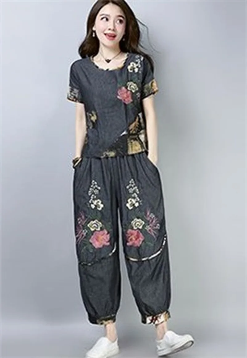 Mid Aged Elderly Ethnic Style Large Size Women\'s Set Summer New Thin Retro Loose Embroidered Short Sleeved Casual Two-Piece Set