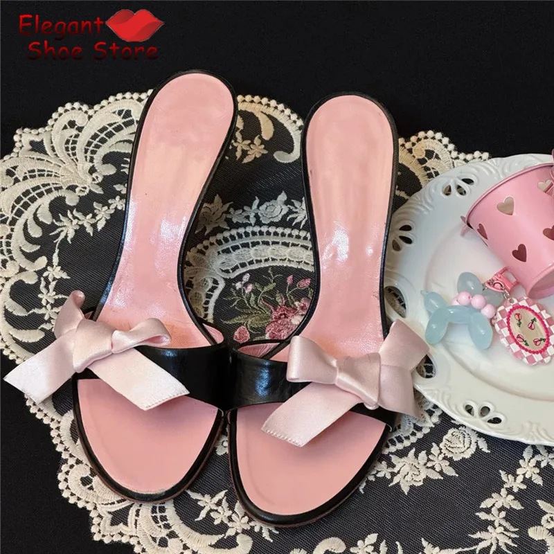 Sweet Satin Bow Stiletto Slippers for Women Pink Black Mixed Colors Round Toe High Heels Summer Elegant Versatile Party Shoes