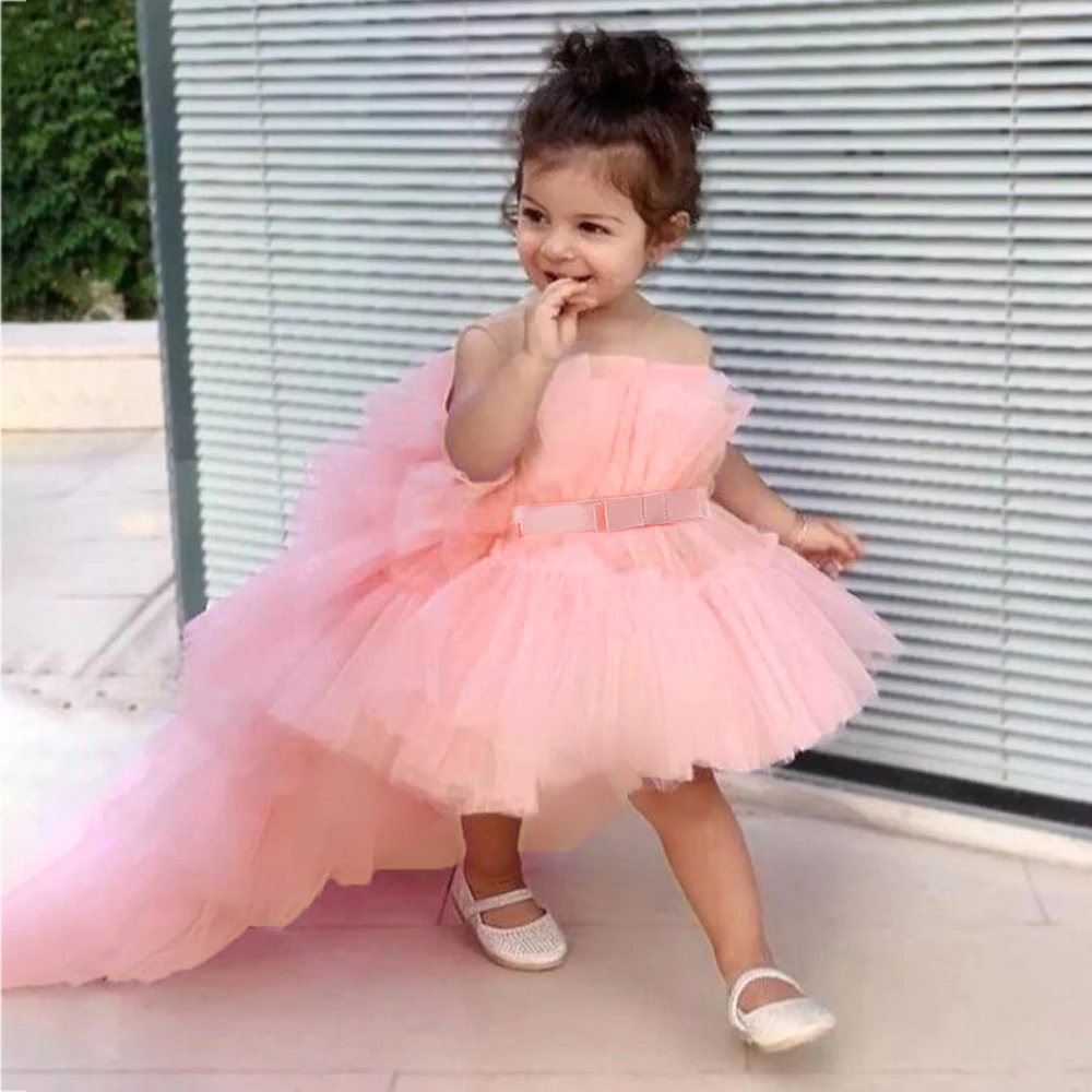 Summer Pink Trailing Lace Baby Girl Dress Toddler 1st Birthday Party Princess Dresses for Girl Formal Puffy Wedding Gown Vestido