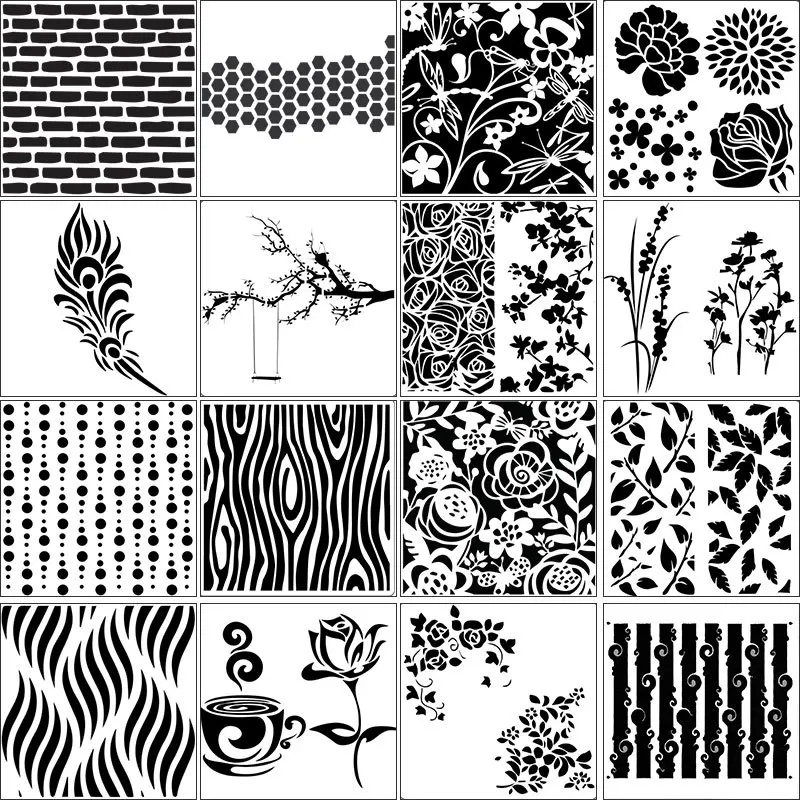 DIY Scrapbooking Stencil Set 13x14cm 6/12/16Pcs Mixed Pattern No Repeat Craft Journal Painting Stencils for Scrapbooking